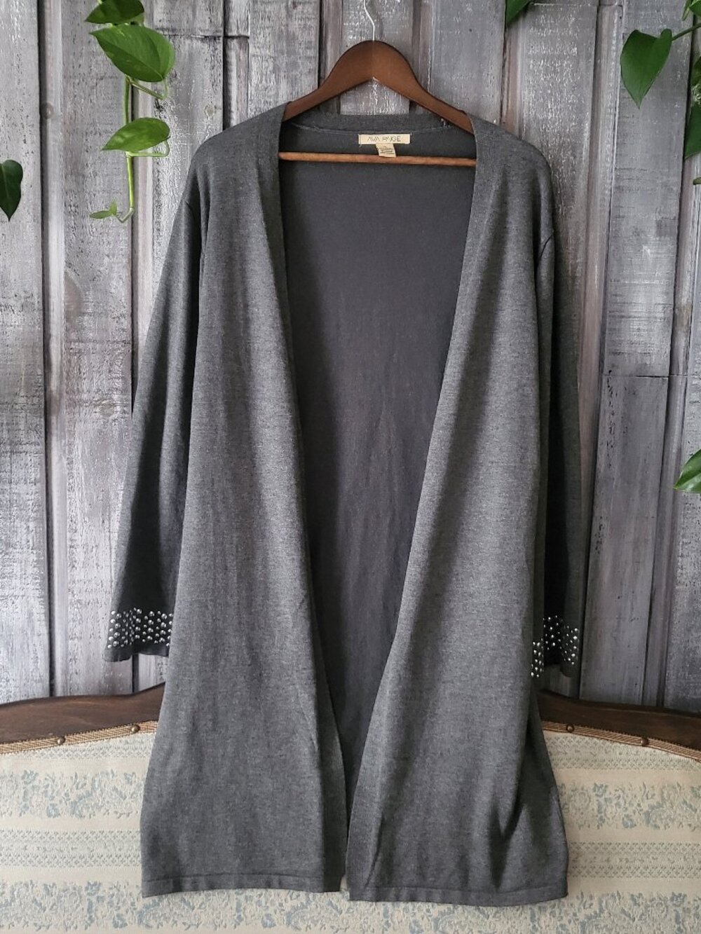 Gray Open Front Cardigan Studded Cuffs Duster Sweater XL - Picture 1 of 6